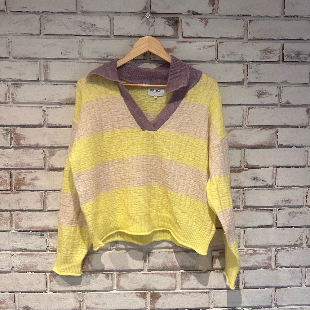 FRNCH Paris Striped V-Neck Pullover Sweater yellow